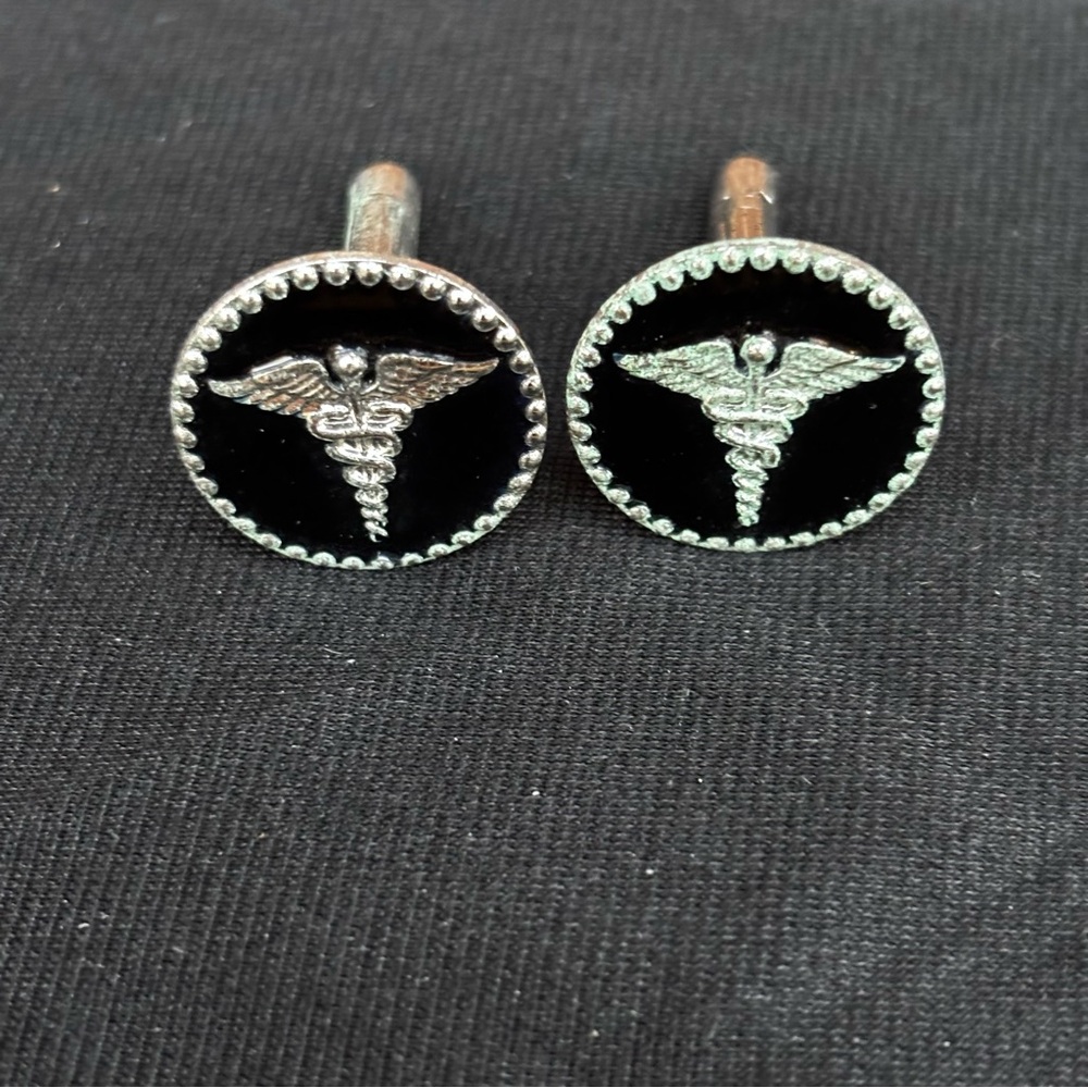 Caduceus Cufflinks Creed Sterling Silver Black background Pair